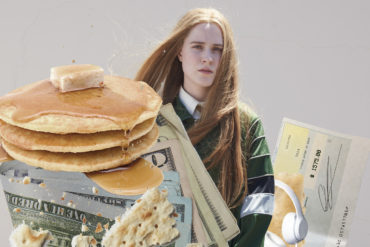 A digital collage of Evan Rachel Wood and various objects related to "Kajillionaire": pancakes, cash, checks, soda crackers.