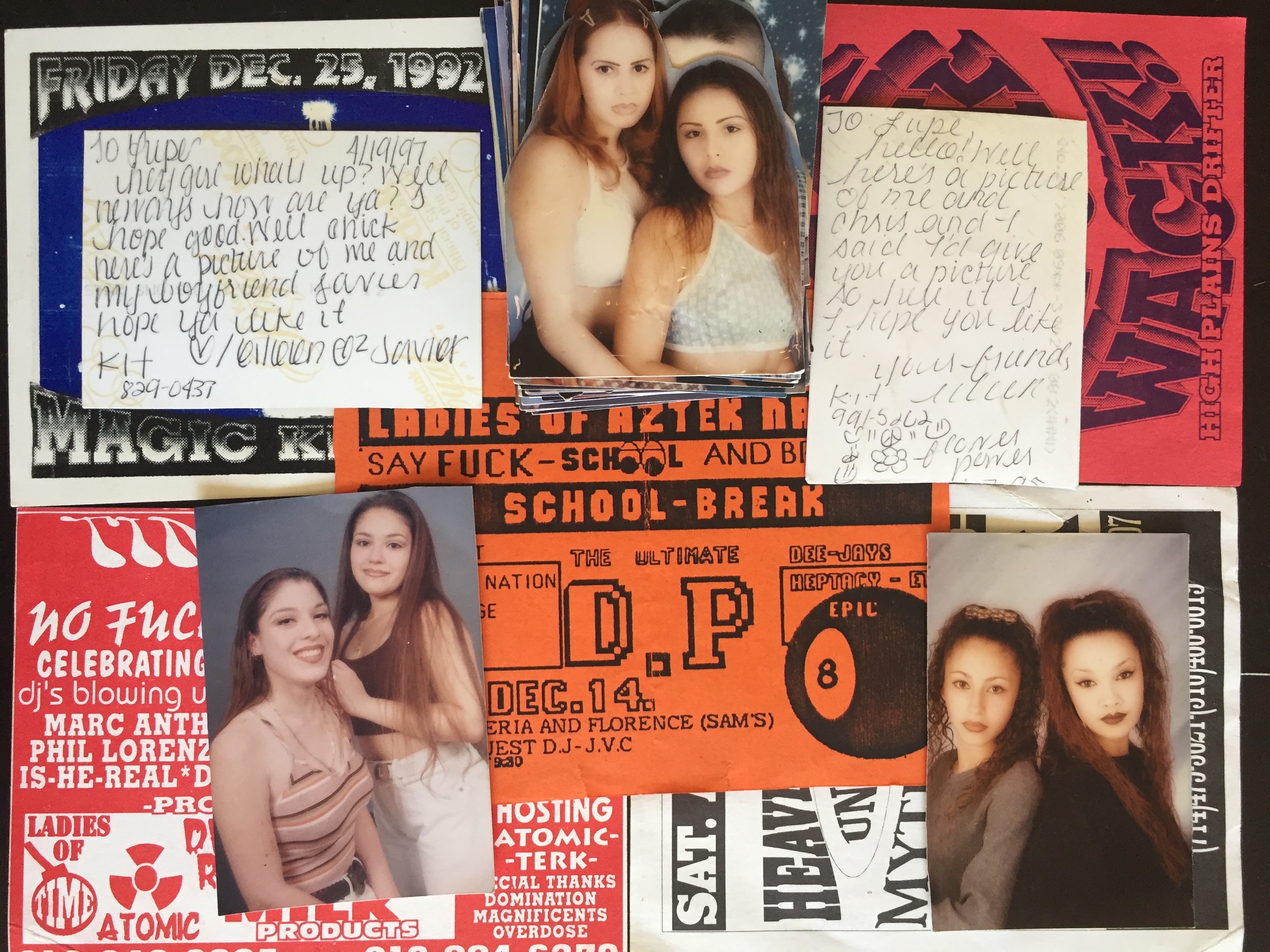 Photos of Chicanas collaged together with notes and party flyers