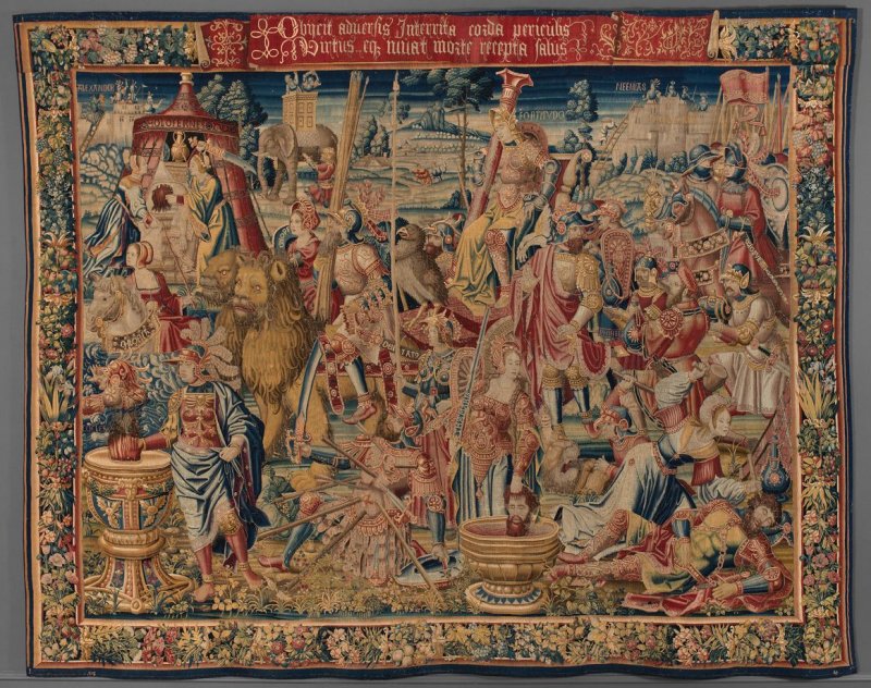 Medeval tapestry featuring war triumph 