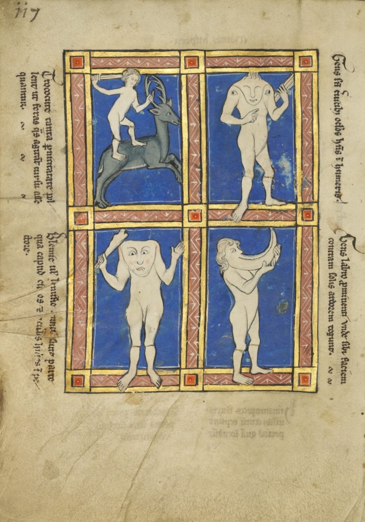 Medieval scroll called “Trococite; A Headless Man with Eyes on His Shoulders; A Headless Man with a Face on His Chest; A Man with a Large Under Lip”