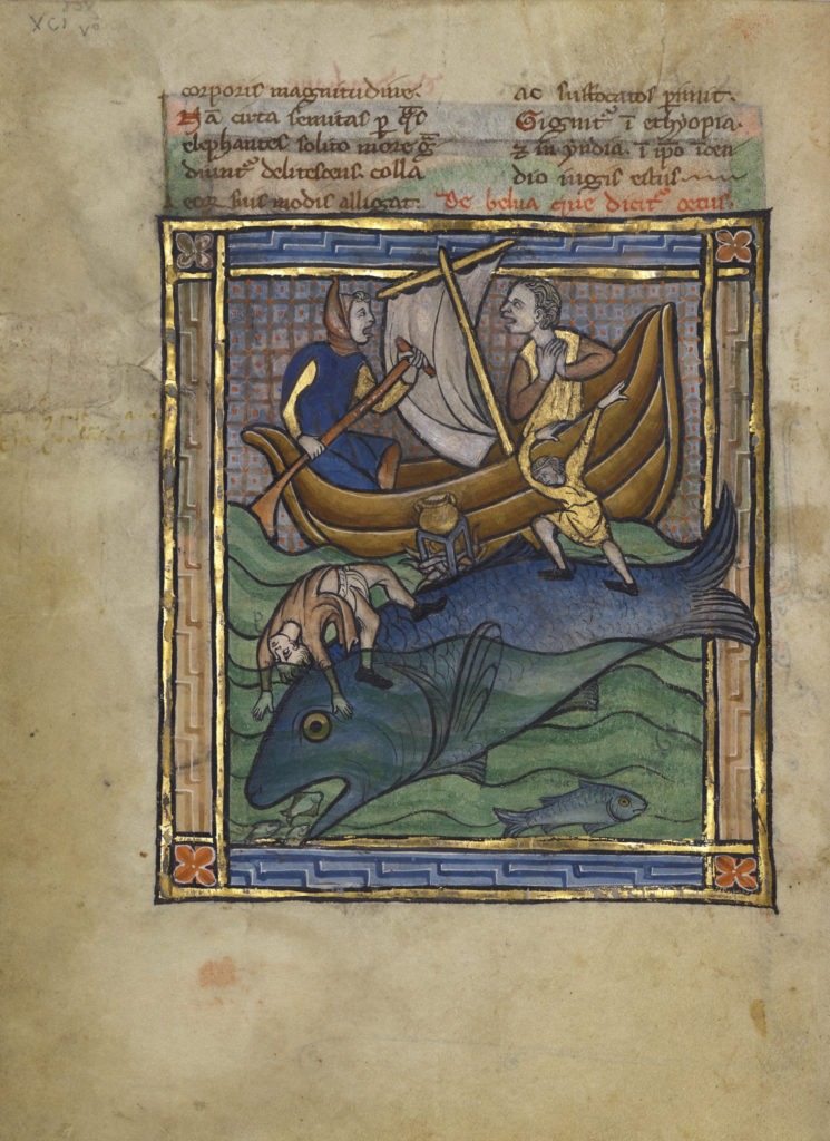 Medieval drawing featuring a boat with two people, large fish and two capsized passengers 