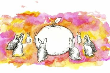 Illustration with giant orange surrounded by bunnies