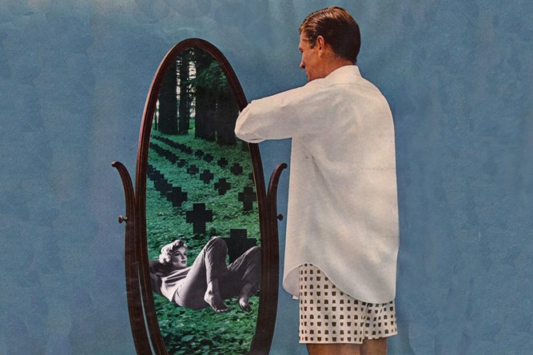 Collage of man looking at mirror and seeing Marilyn Monroe