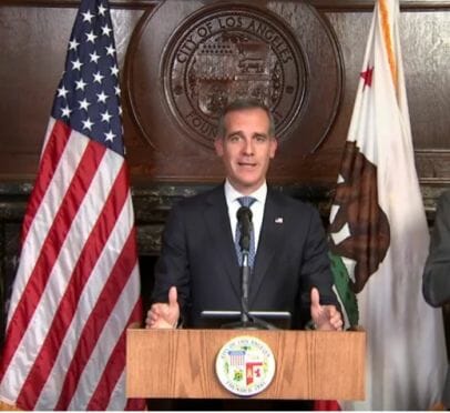 Mayor Eric Garcetti speaking at a press conference from City Hall.