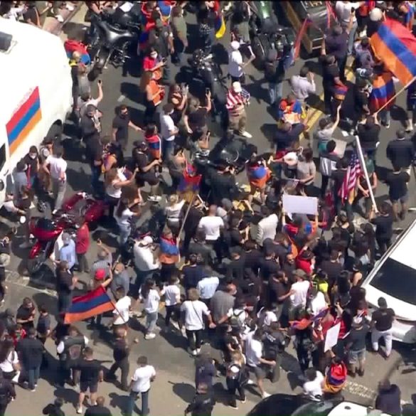 Armenian protesters gathered outside the Azerbaijani Consulate General in West Los Angeles on July 21, 2020.