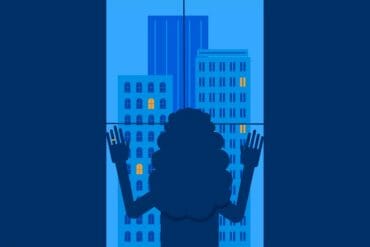 An illustration of a woman looking out a window to a city skyline.