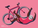 A pink illustration of a biker and his bicycle. Illustration by JD LeRoy/Crosstown.