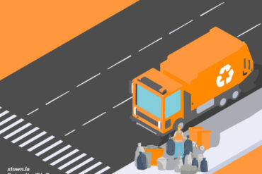 An orange-themed digital illustration of a garbage truck on the side of the street and a worker picking up bags of trash off the sidewalk.