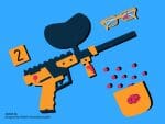 A digital illustration of an orange paintball gun, ammo, broken reading glasses and a crime scene number "2" marker against a bright-blue background.