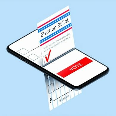 A digital illustration of an election ballot being shredded through a smartphone.