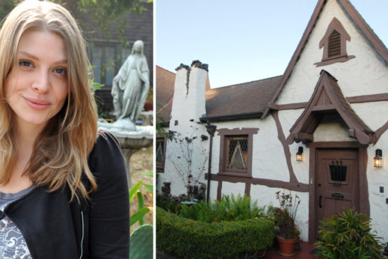 A headshot of a woman smiling at the camera and a photo of a cottage-like house.