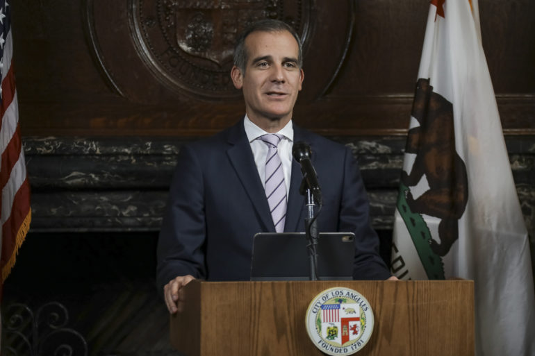 L.A. Mayor Eric Garcetti speaks at a press conference on COVID-19 on March 23, 2020.