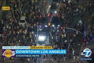 Revelers gather in downtown L.A. to celebrate the Laker's NBA championship win.