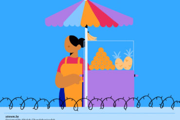 A digital illustration with a blue background that features a street vendor standing next to a colorful umbrella and a fruit stand. In the foreground is the top of a barbed-wire wall.