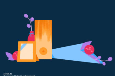 A digital illustration of items typically seen at a memorial: a framed photo, a candle, a vase with leaves, and a bouquet of flowers.