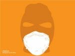 An orange illustration of a silhouette of a masked criminal wearing a white N95 face mask.